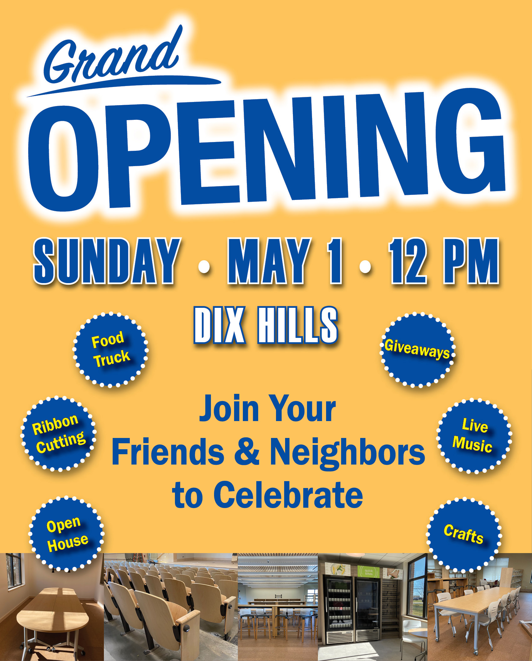 Graphic of the flier advertising the Library's Grand Opening stating "join your friends and neighbors to celebrate: There are little circles on the page with an activity that we will have listed like Food Truck, Ribbon cutting, open house, giveaways, live music, crafts!