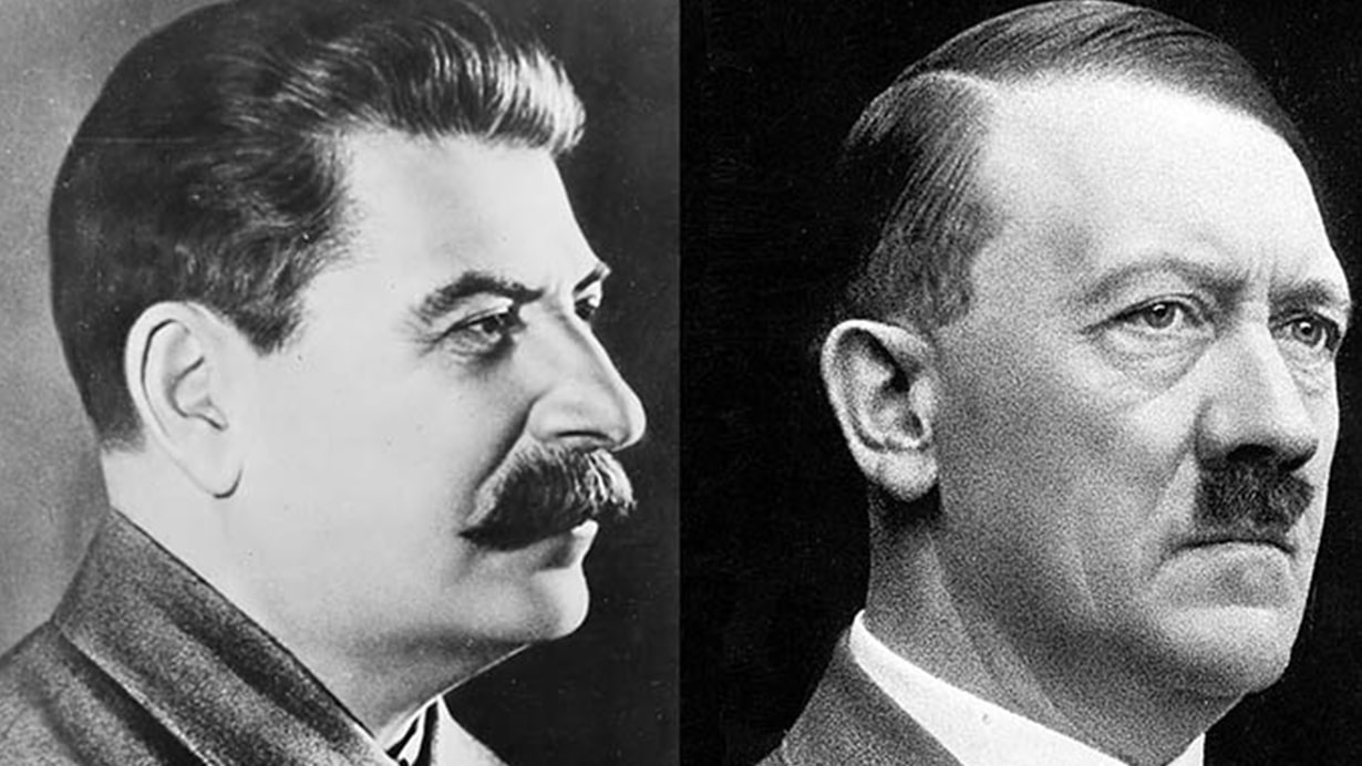 Black and White side by side photo of Joseph Stalin on the left and Adolf Hitler on the right. 