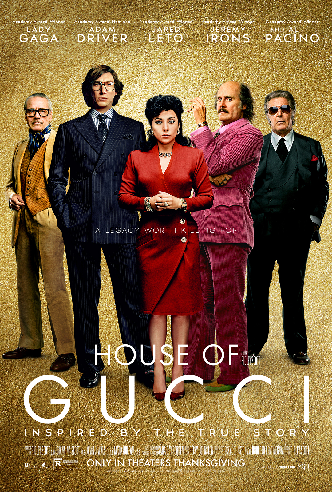 Image of the movie poster featuring 4 men and one woman of varied ages dressed in fashionable outfits. 