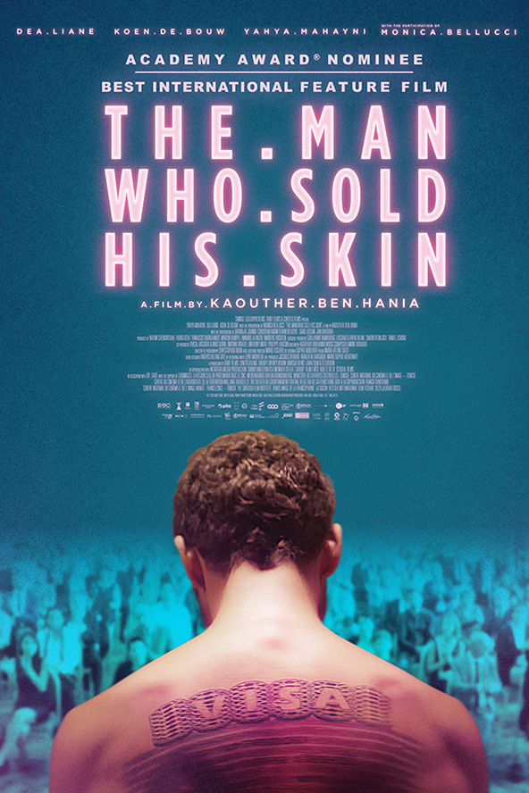 Image of Movie Poster. Man has his back turned to the viewer and there is a tattoos on his back. One says VISA. 