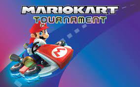 Image of Mario of the Super Mario Brothers riding a go cart. The words Mario Kart Tournament spelled out. 