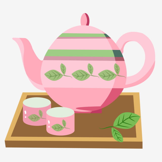 clipart image of a pink teapot with green leaf decorations and 2 teacups that match on a tray.
