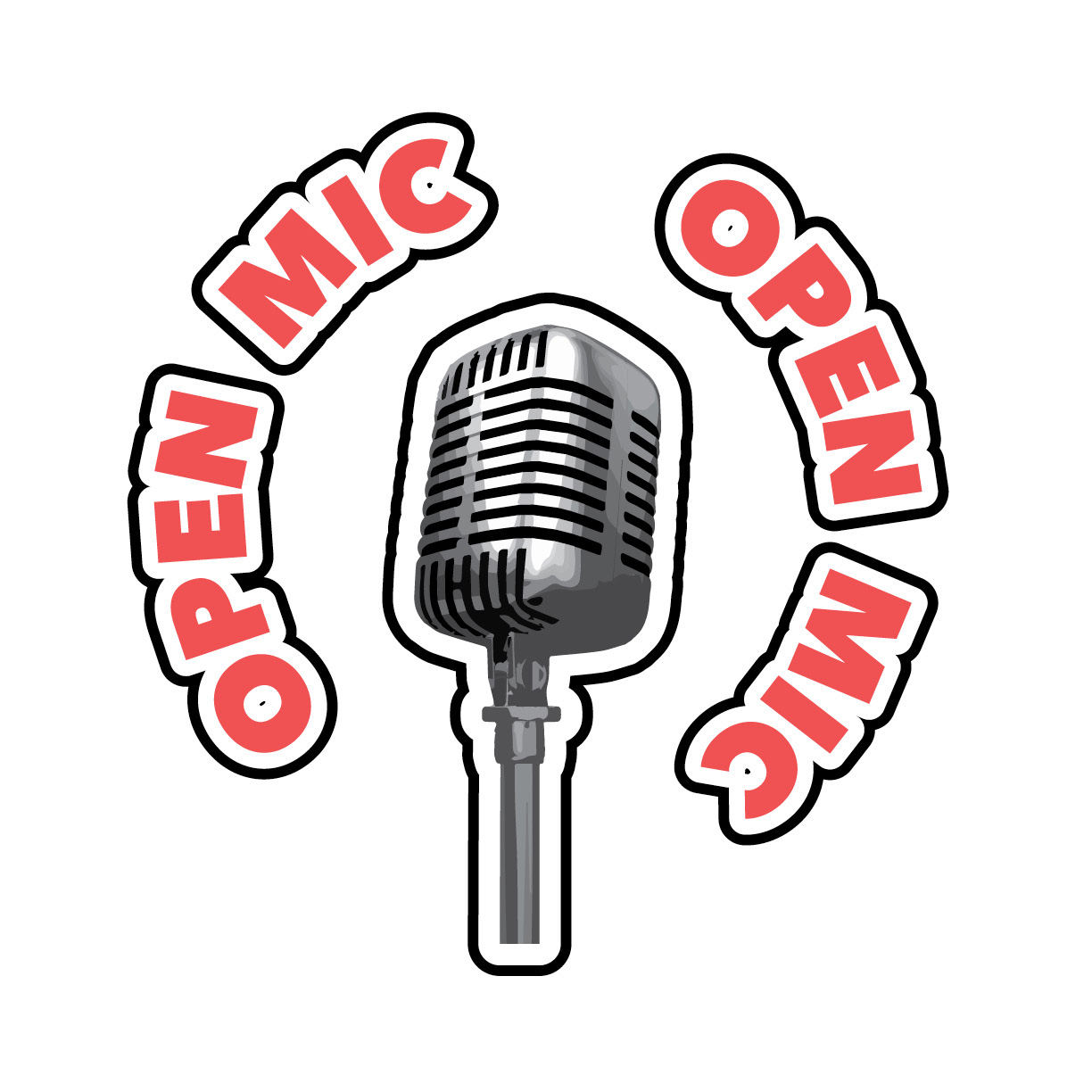 Clip art image of an old fashioned microphone and around it are the words Open Mic written out in red. 