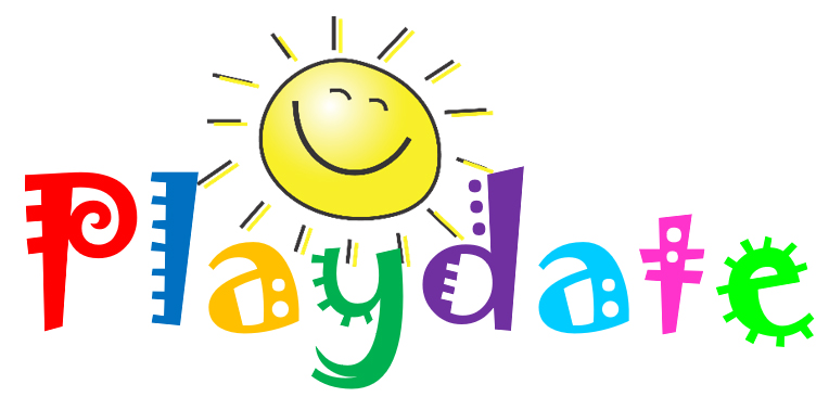 clipart picture of a smiling sun with the words "Playdate" spelled out in colorful letters. 