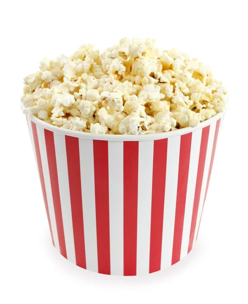 Image of a red and white striped tub of popcorn.