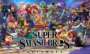Animated image of different characters from the video game including Mario. The words Super Smash Bros. spelled out at the bottom of the picture.