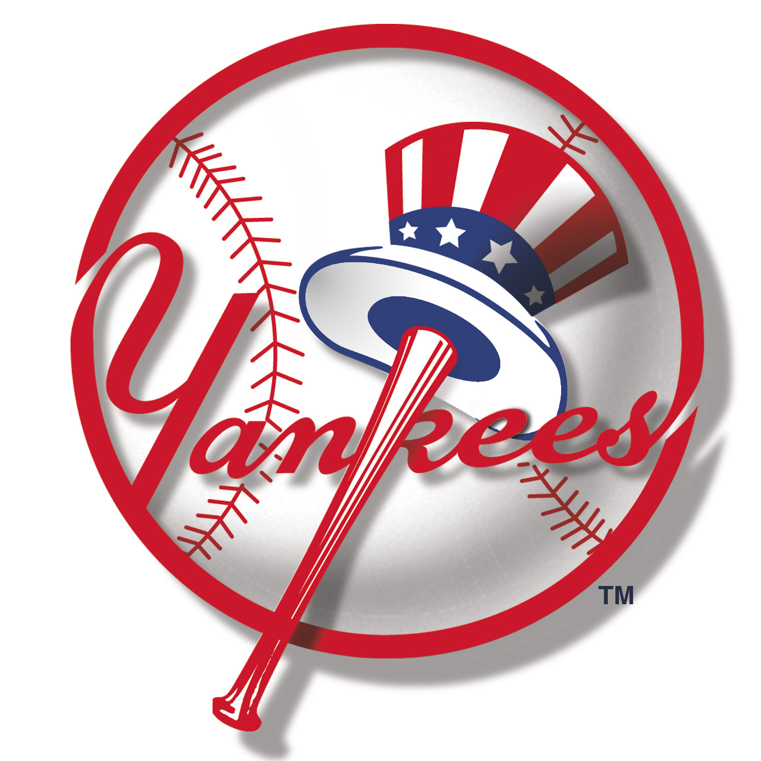 Image of the NY Yankees Logo. A baseball with red outline and stitching, "Yankees" written out in red lettering with, a baseball bat with a red and white striped hat with a blue band and white stars on the top end of the bat. 