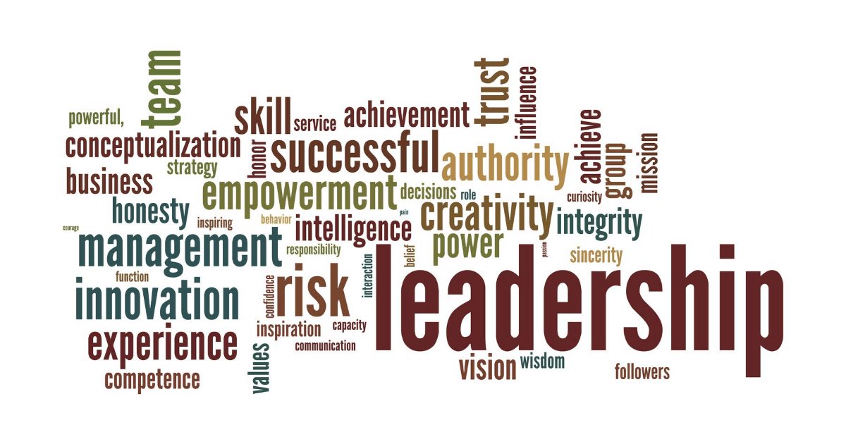 Image of a leadership word cloud with the word leadership written in large letters and many words that describe leadership written all around.