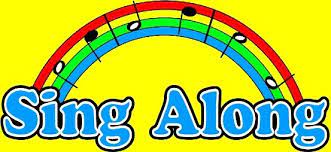 Clipart image of a yellow rectangle. Inside the rectangle is a rainbow arc with musical notes and the words sing along spelled out. 