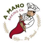 A Mano Baking Company logo featuring a clipart picture of a baker holding a rolling pin and encircled with grains of wheat.