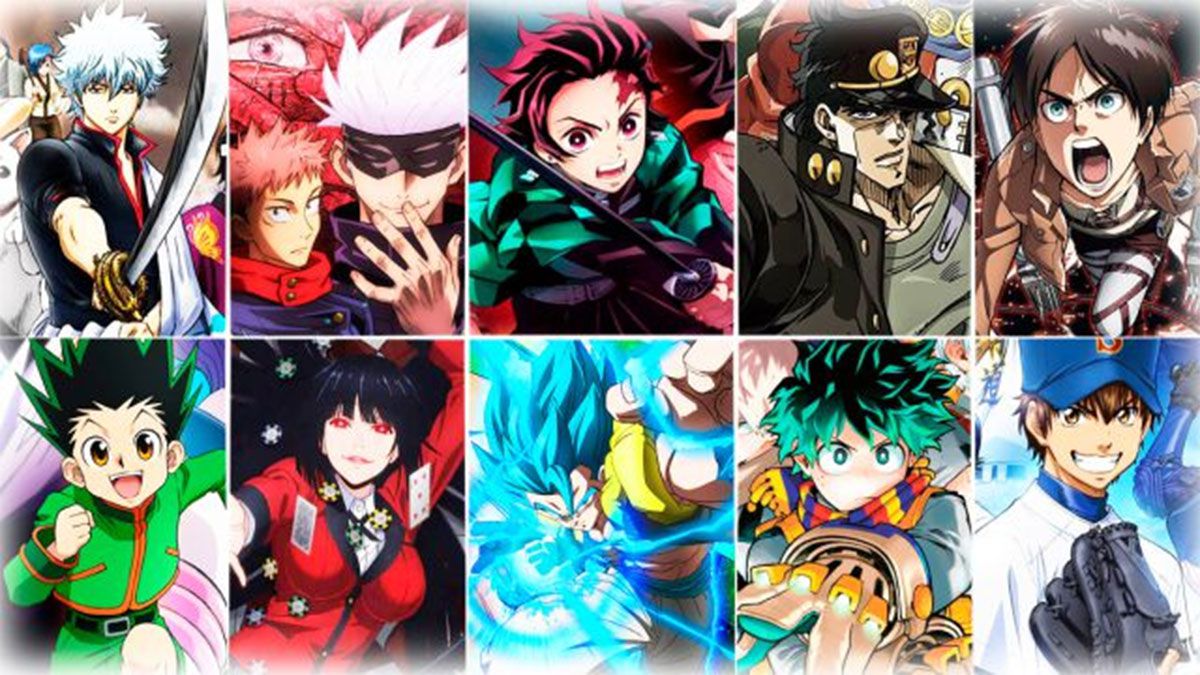 Posters of various anime shows in a grid, such as Hunter x Hunter, My Hero Academia, and Kakegurui
