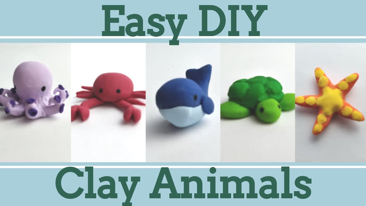 5 small clay animals next to each other, a purple octopus, red crab, blue whale, green turtle, and yellow starfish. Green text reads Easy DIY Clay Animals.