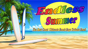 Clipart image of a beach, palm tree, surfboards and a big sun that says Endless Summer. 