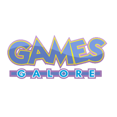 blank background with bleu text reading "Games Galore" on top of it with a purple outline around the words.