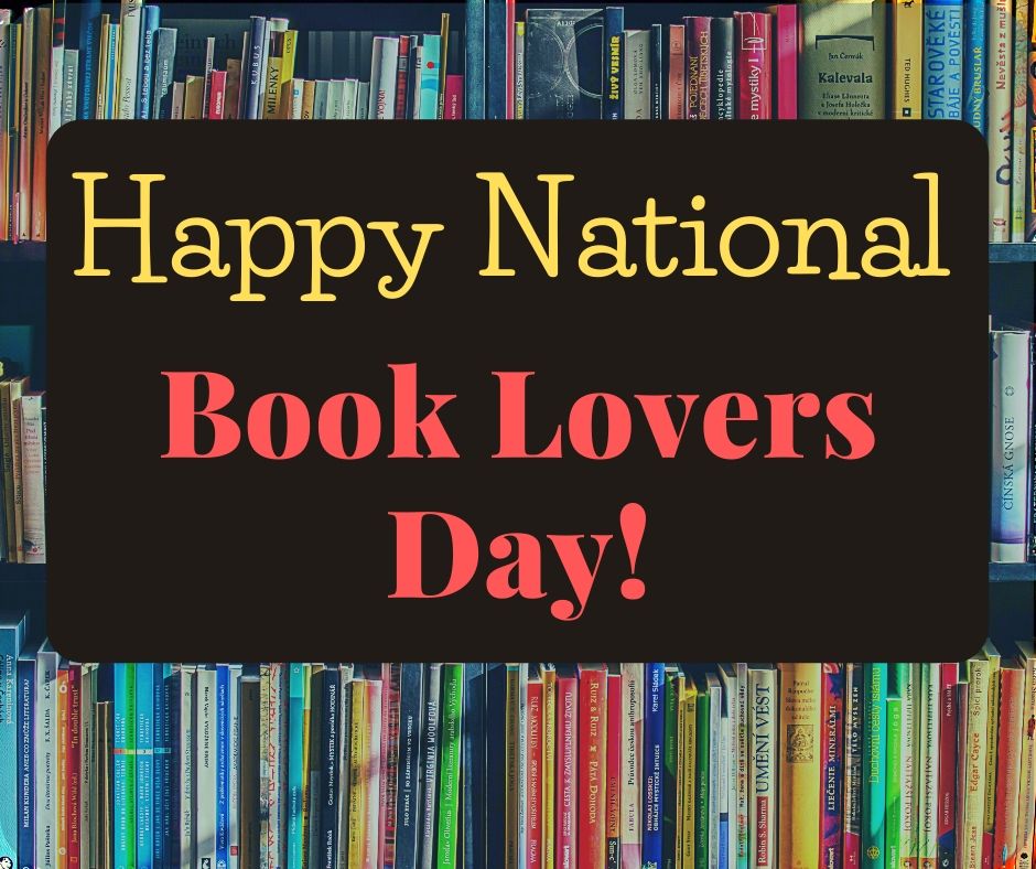 A black box in front of rows of colorful books with text reading Happy National Book Lovers Day!