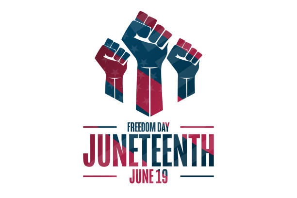 red white and blue clipart image of three fists raised to the sky. Words below read Juneteenth Day of Freedom June 19
