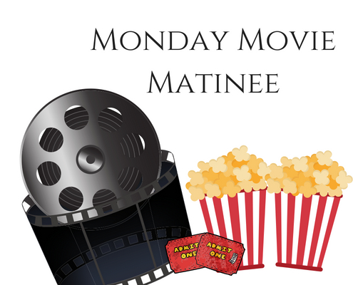 Clipart image of an old movie reel and 2 red and white striped containers filled with popcorn. The words "Monday Movie Matinee" spelled out. 