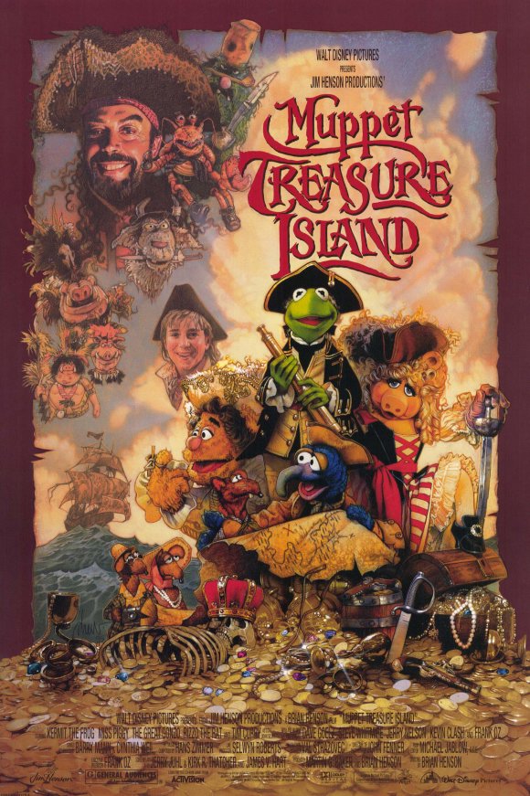 Image of the movie poster featuring muppets standing on a treasure of gold and chests of jewels, one holding a treasure map.