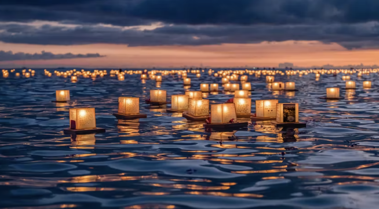 image of paper ocean lanterns floating in the ocean with a sunset and clouds in the background.