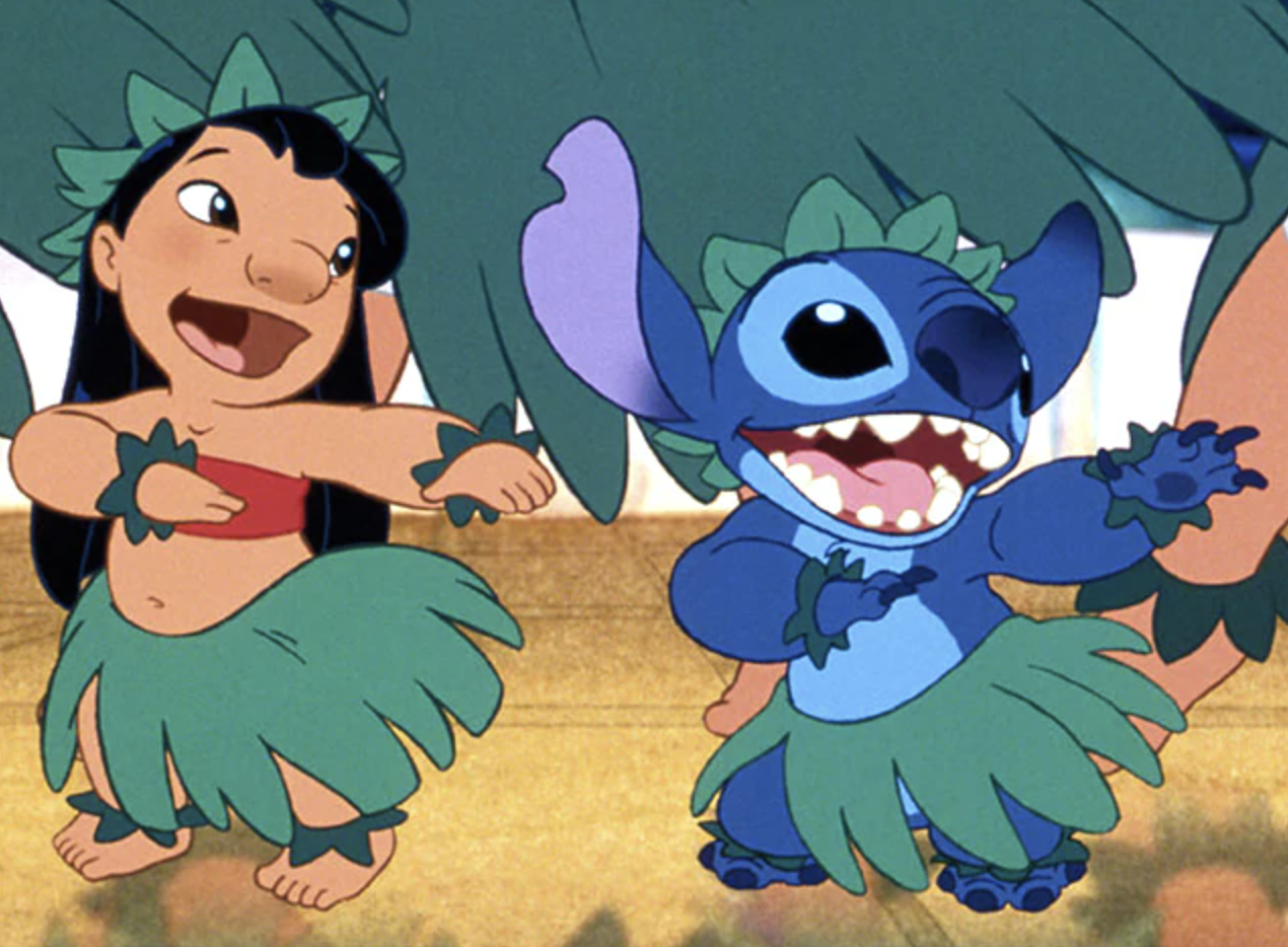 image of Disney's Lilo and Stitch hula dancing together.