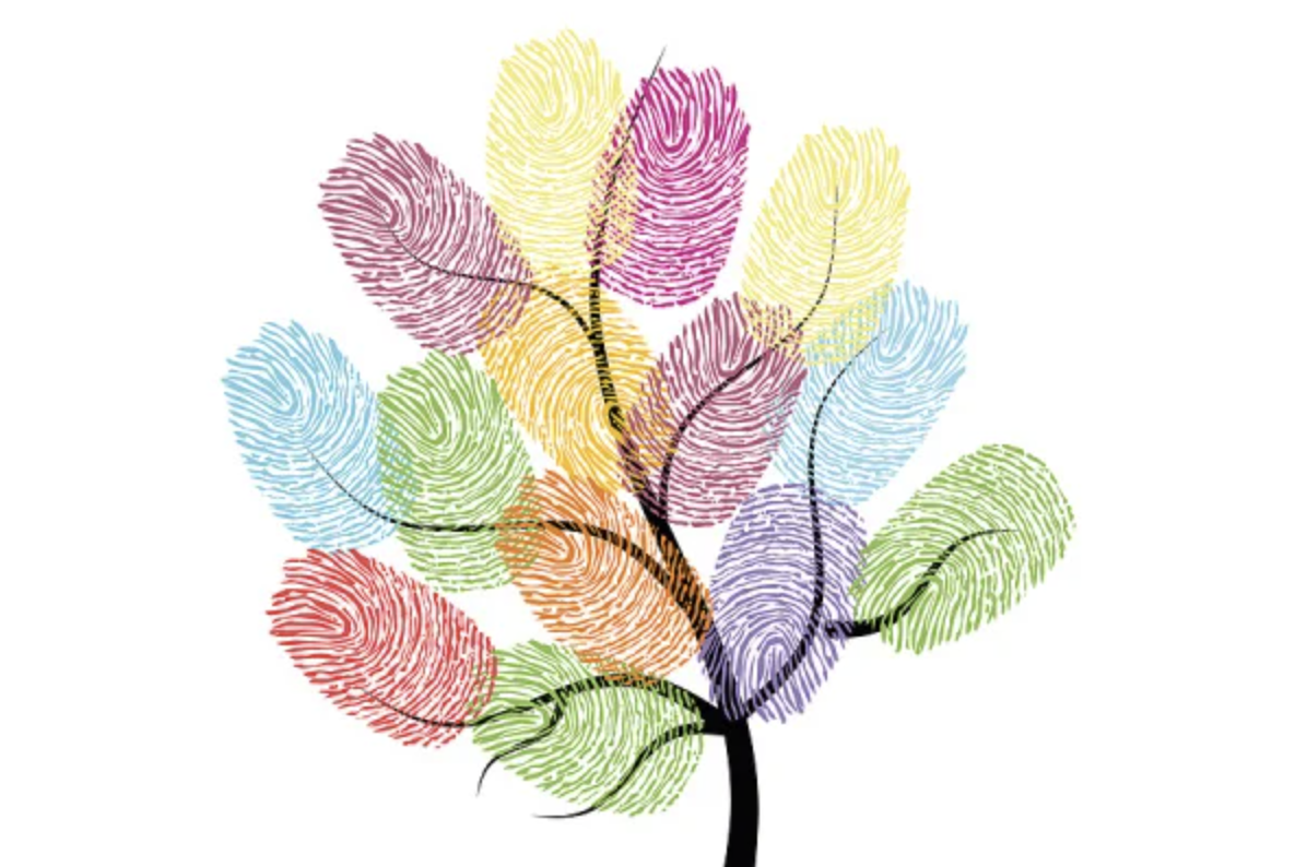 image of an artistic tree, leaves consisting of multicolored fingerprints, the trunk a black silhouette