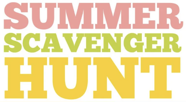 Blank background with pink, green, and yellow text reading "Summer Scavenger Hunt," each word in a different color. 