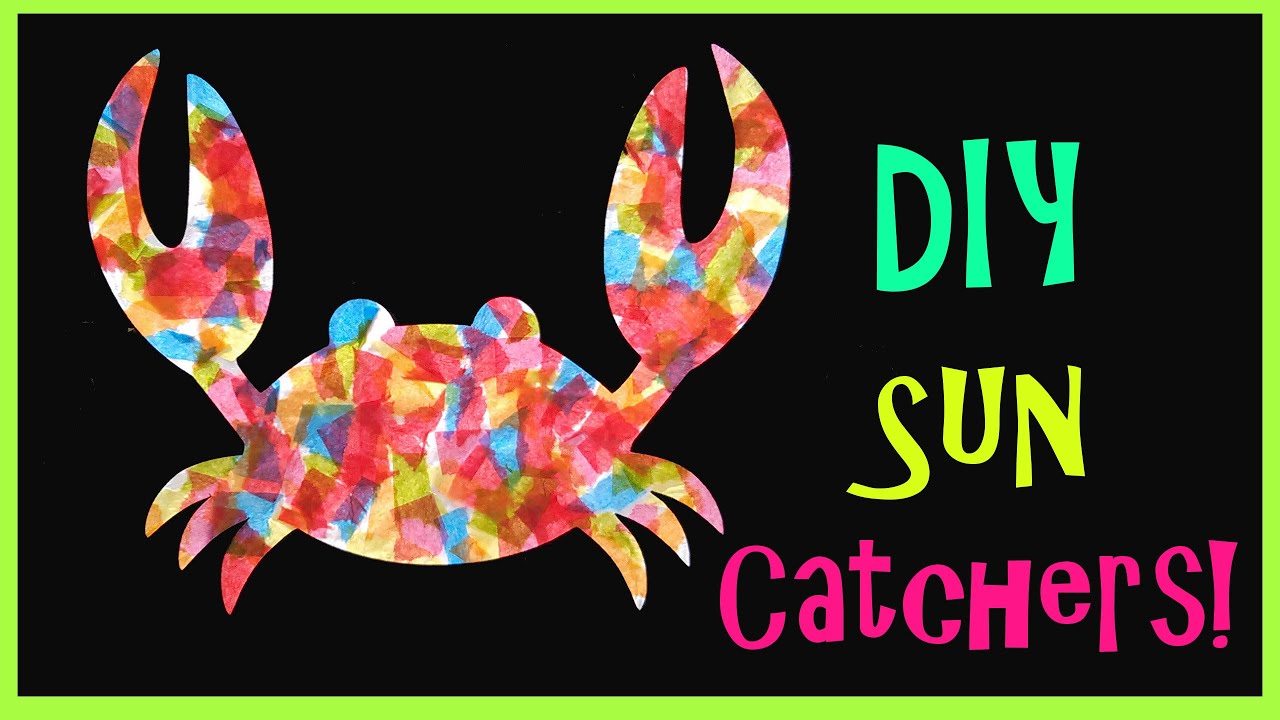 Image of a crafted crab over a black background with a pale green border and words reading DIY Sun Catchers! to the right.