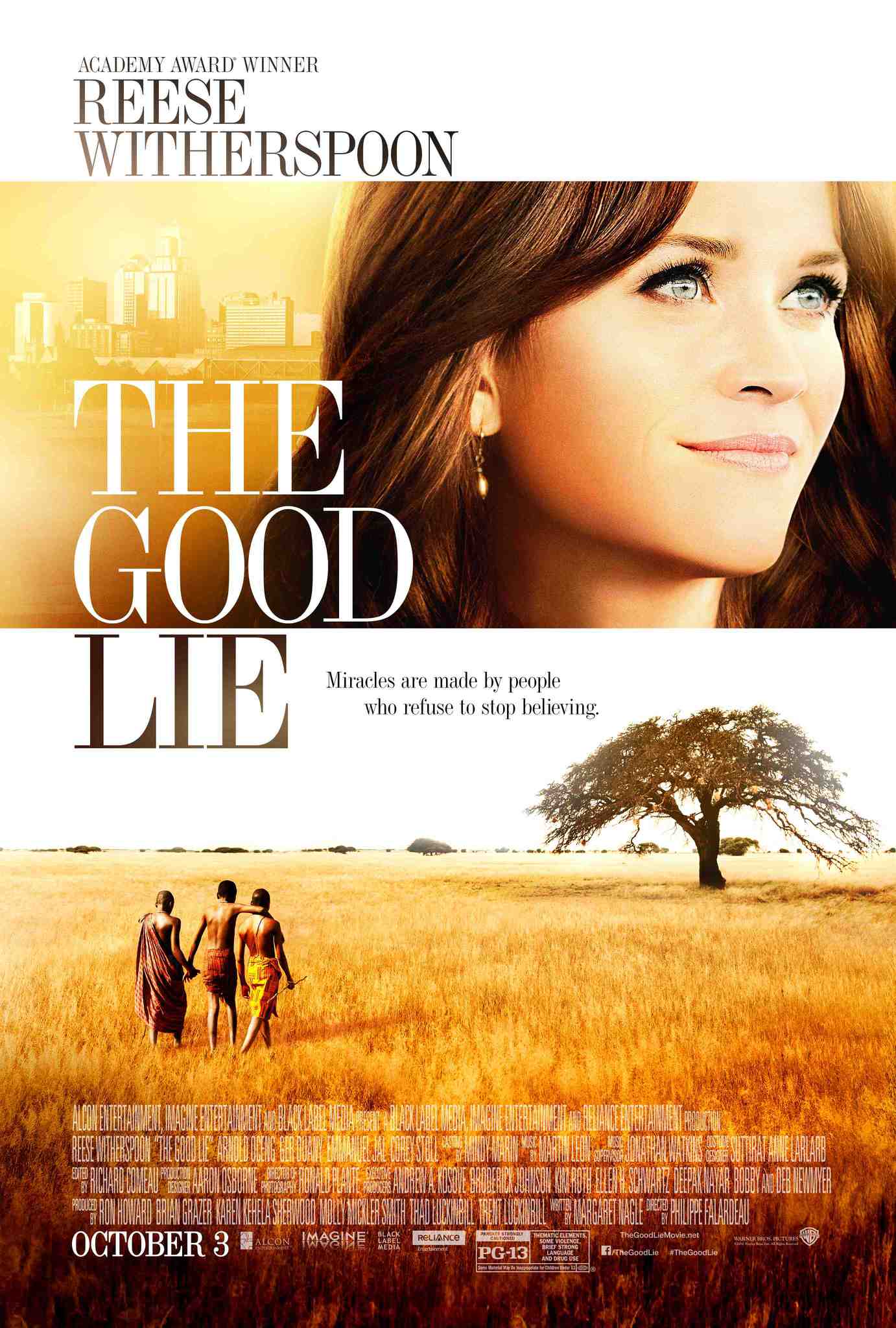 Image of the movie poster for The Good Lie featuring a photo of Reese Witherspoon and 3 people in a field with a distant tree. 