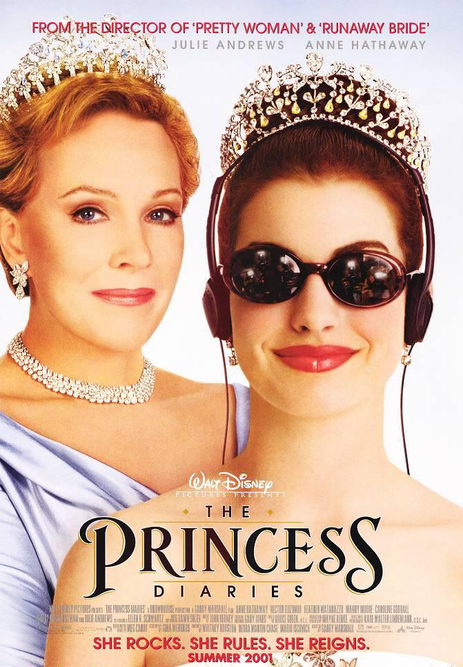 image of The Princess Diaries movie poster, featuring two actresses in crowns and dresses, one of which has headphones and sunglasses on.