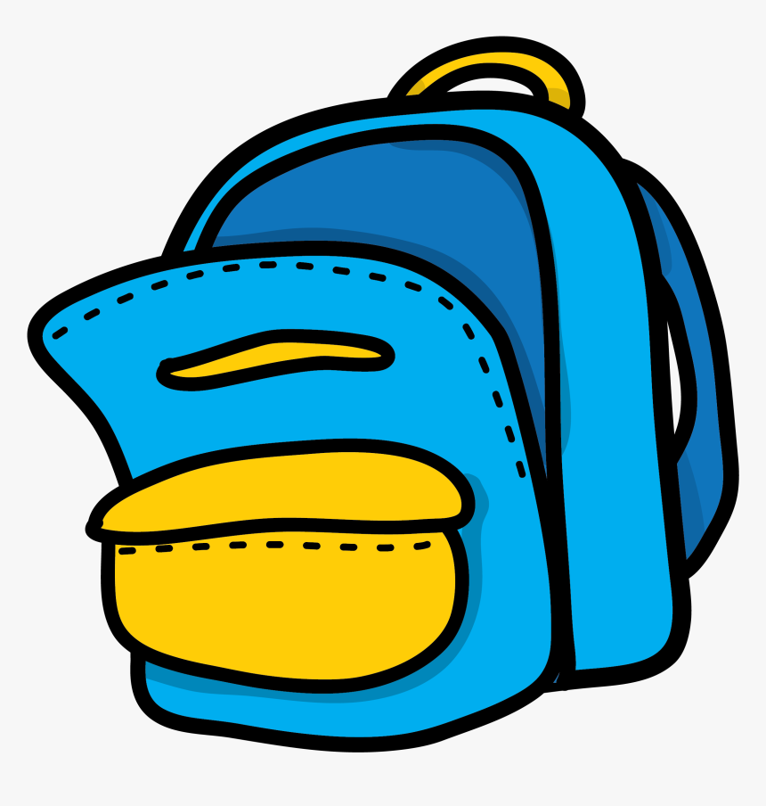 Clip art image of a blue backpack with yellow pockets and zippers.
