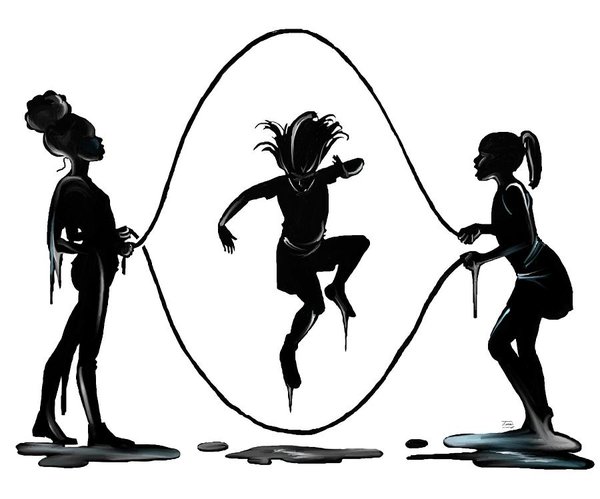 silhouette of 3 girls double dutch jump roping together on a white background.
