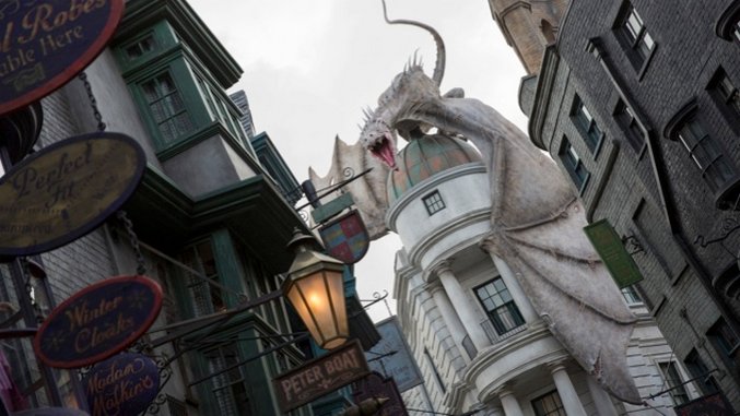 image of Gringotts Wizarding bank with a dragon atop it.