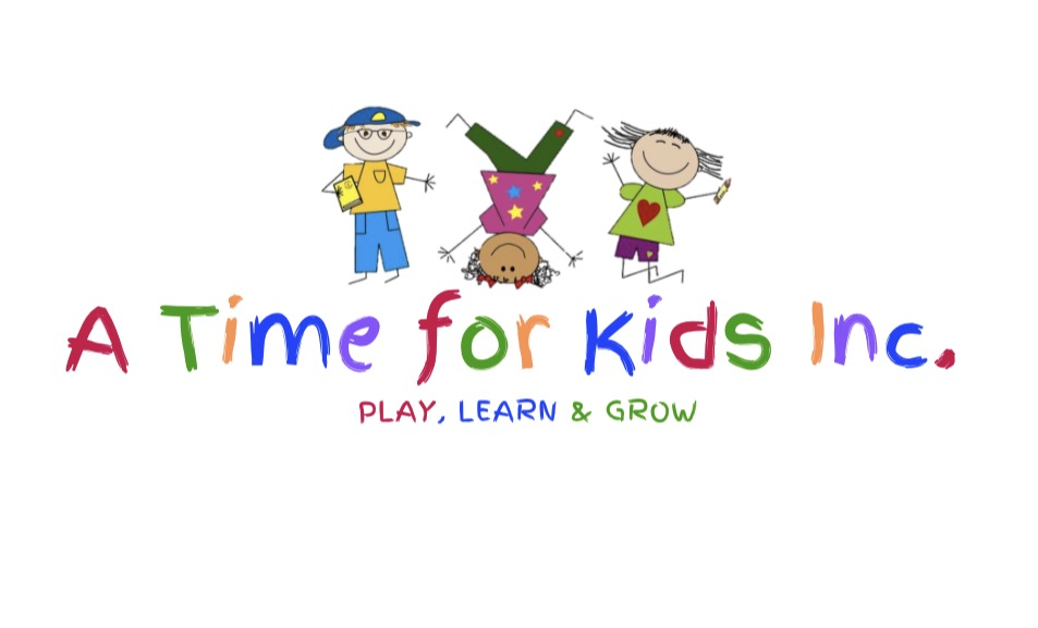 A Time for Kids Logo. Featuring 3 stick figure children, one doing a handstand. The words "a time for kids, inc. play, learn & grow" spelled out. 