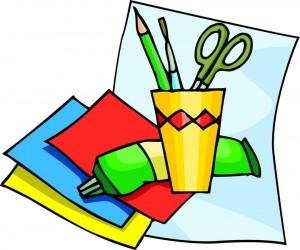 Clip art image of different art supplies like scissors, a paintbrush, a pencil a tube of glue and colored paper. 