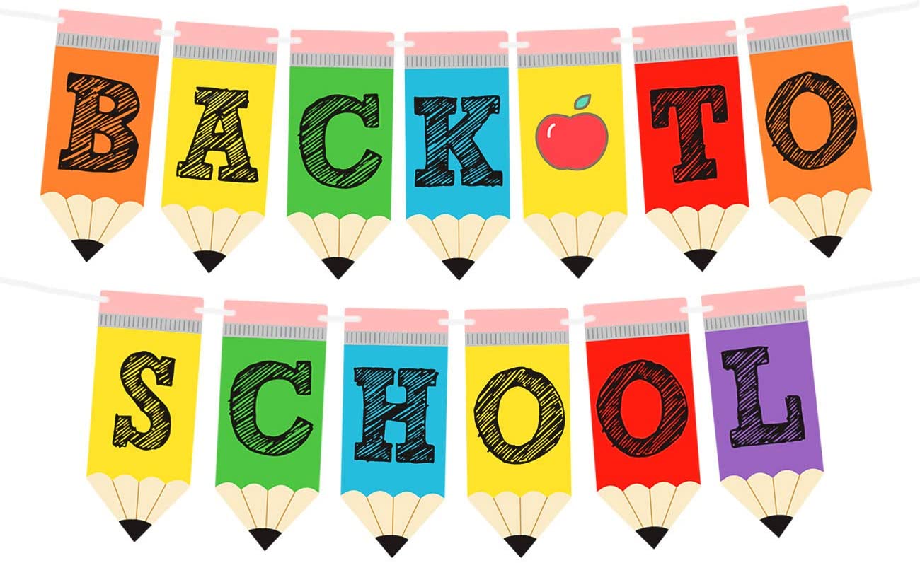 Clipart image of a banner made with different colored thick pencils. Each pencil has a letter on it to spell "Back to School"