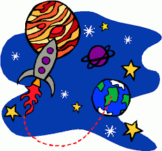 clipart image of a rocket traveling through space around a blue sky with stars and planets.