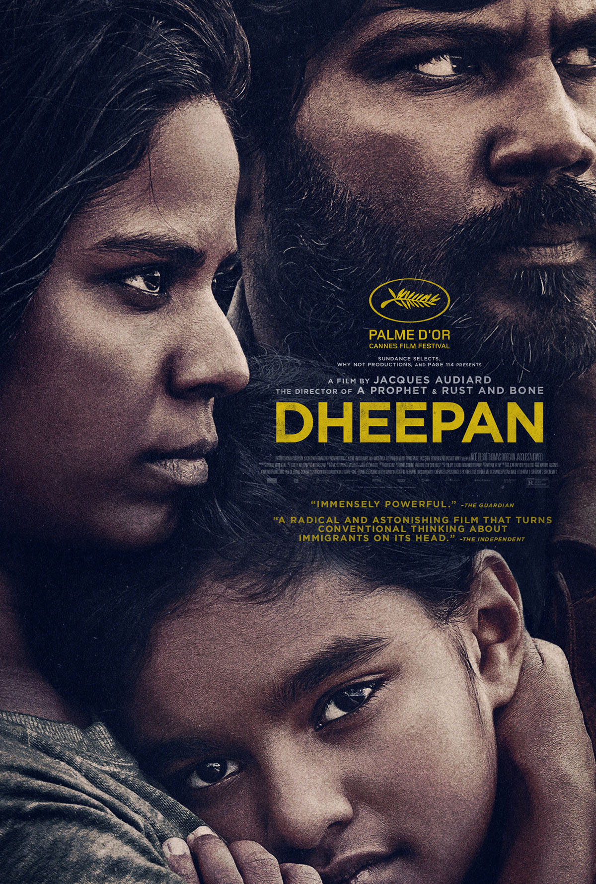 Image of the movie poster. The side face profile of man woman and a child being held close to the mother's chest.
