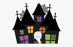 Clipart image of a haunted house with a smiling ghost in the front. 