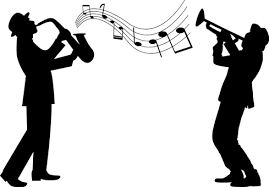 Clipart image with the silhouette of two musicians, one with a saxophone and one with a trumpet. 