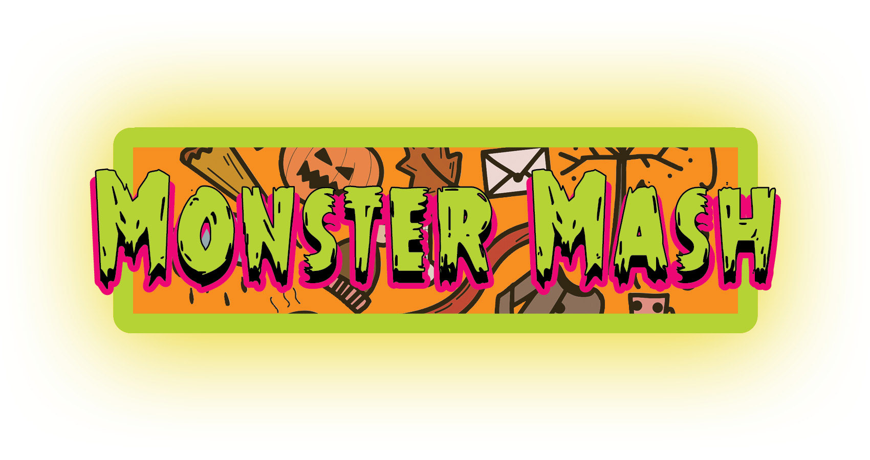 Monster Mash written in bold green cartoon like letters in an orange box.