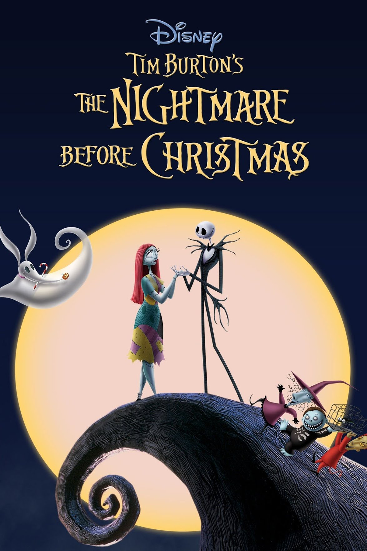 Image of the Movie Poster, Tim Burton's Nightmare Before Christmas featuring 2 skeletons holding hands with a full moon behind them.