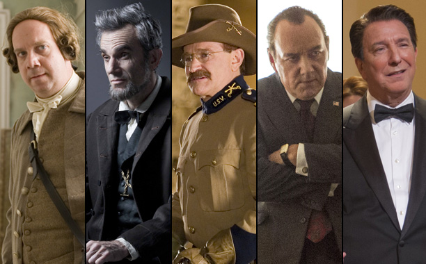 Collage Image of 5 actors in costume of the presidents they are portraying. 