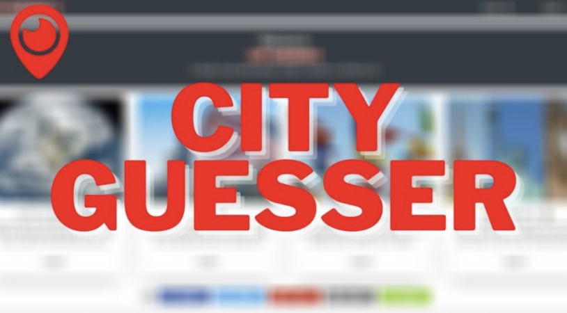 Blurred image of maps pulled up on a computer with the words "City Guesser" written in red in front. A red location symbol is in the upper left corner.