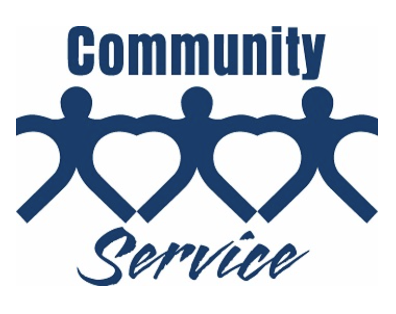 Image of 3 people holding arms in a minimalistic style, the words Community Service written around them in blue.
