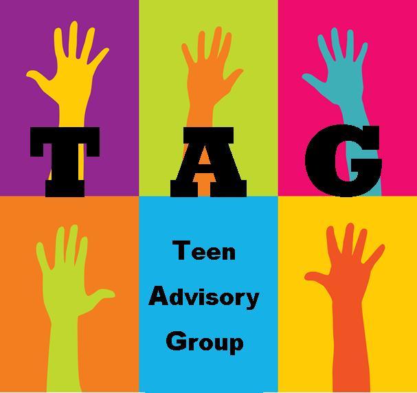 Color blocked hands reaching upward with the words TAG written in big bold black letters, and under it, in a blue box, is written "Teen Advisory Group"