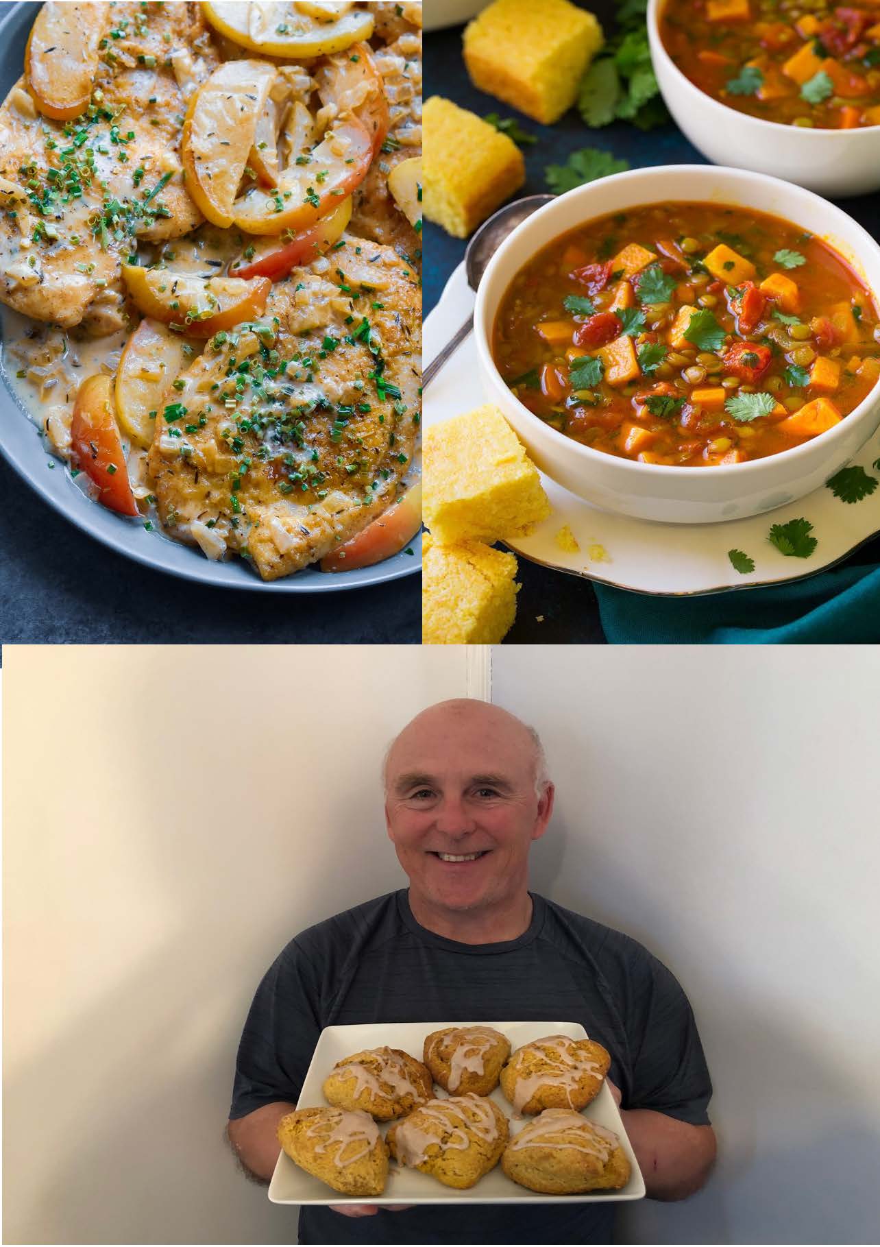 Collage Image of 3 pictures, one with chicken and Rosemary, one with a soup and one with Chef Rob holding a plate of scones. 