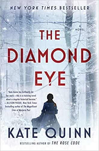 Image of the book cover, The Diamond Eye featuring a silhouette of a woman walking in a snowy wood. 