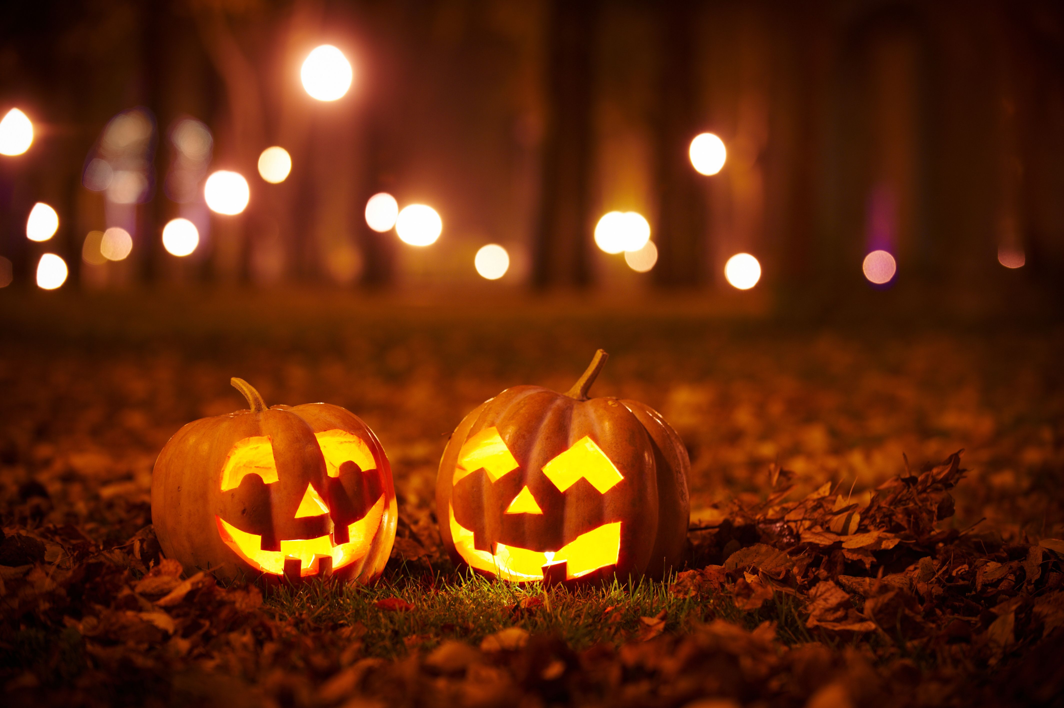 image of two jack-o-lanterns on fall leaves.
