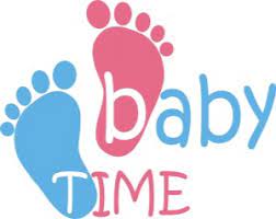 Clipart image of 2 baby footprints with the words baby time spelled out.