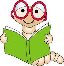 clipart image of a worm with big eyeglasses holding a book. 